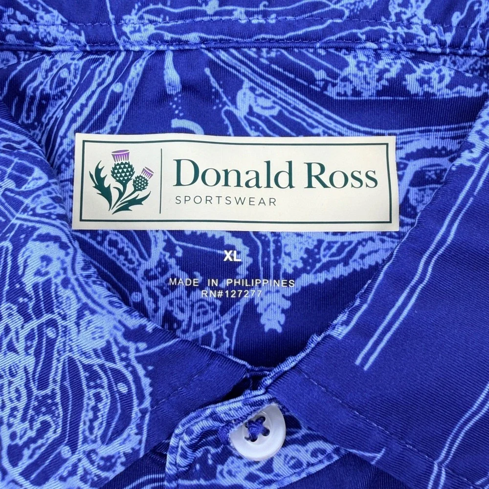 Donald Ross Polo Shirt Mens XL Blue Topographical Print Performance Golf Stretch